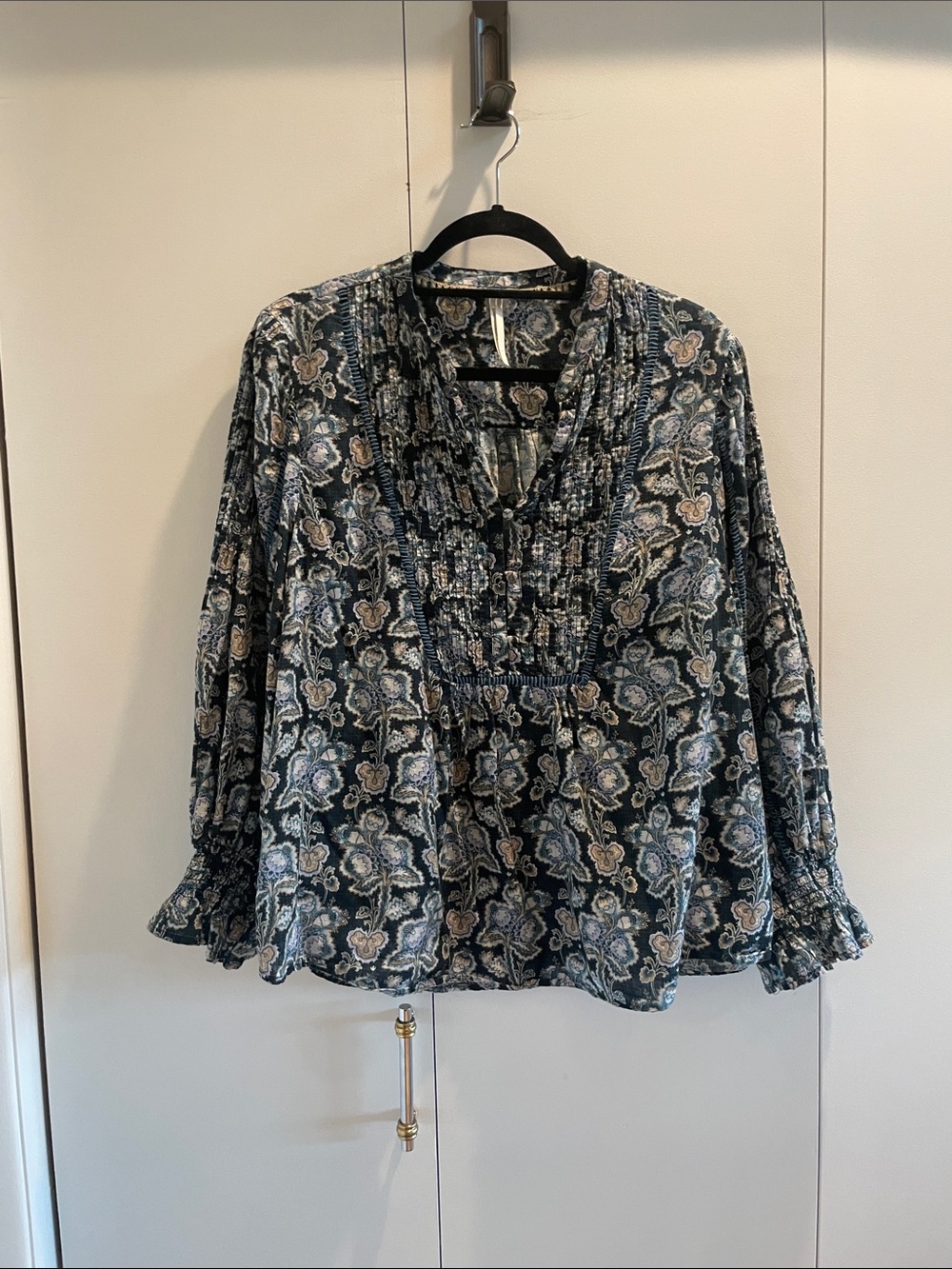 Anthropology Womens Floral Printed Peasant Blouse - Navy